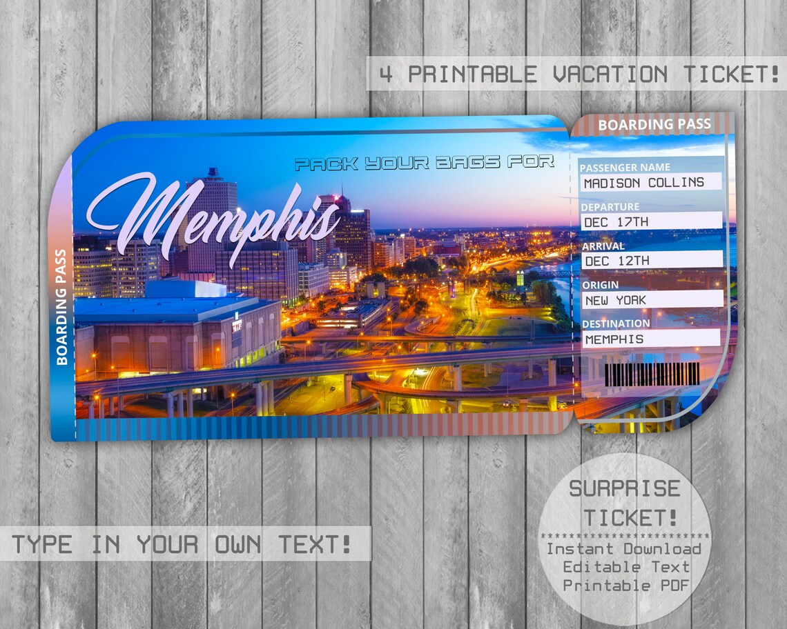 Memphis Tennessee Printable Editable Trip Ticket Boarding Etsy