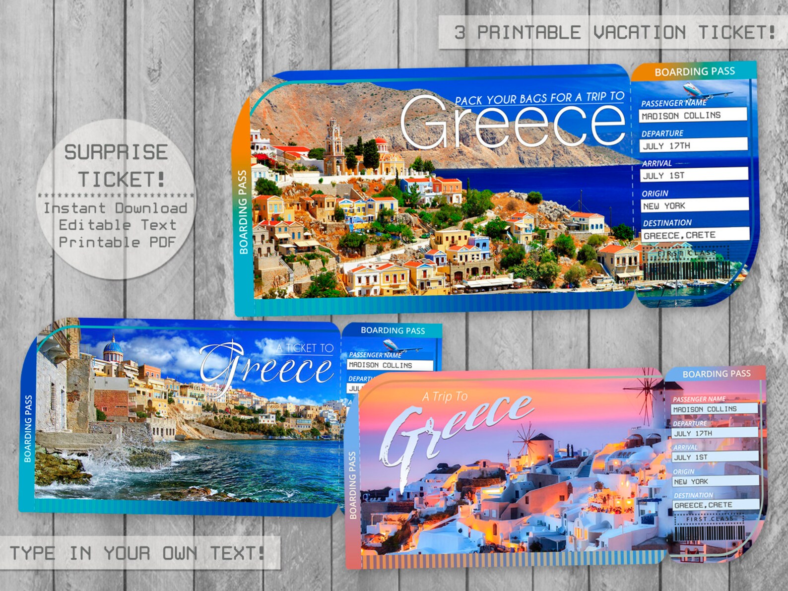 Greece Trip Ticket Printable Boarding Pass Greece Surprise Etsy