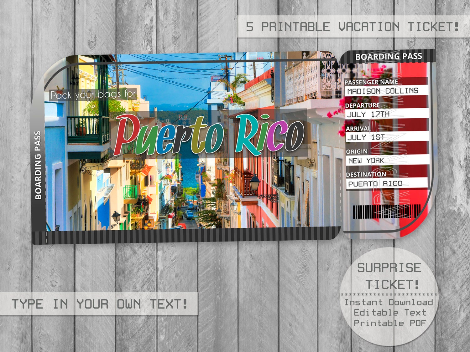 Puerto Rico Trip Ticket Printable Boarding Pass Surprise Etsy