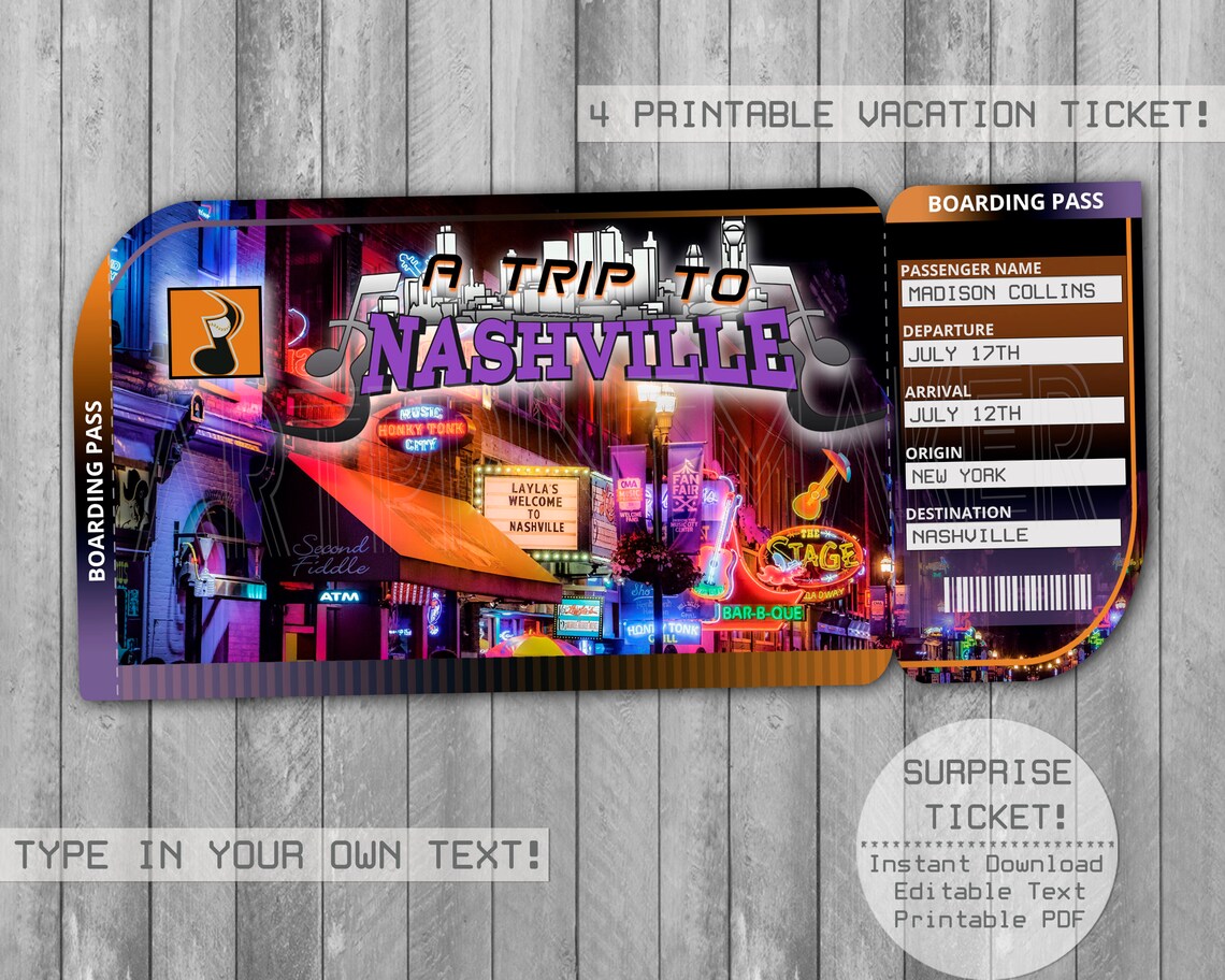 Nashville Tennessee Printable Editable Trip Tickets Boarding Etsy