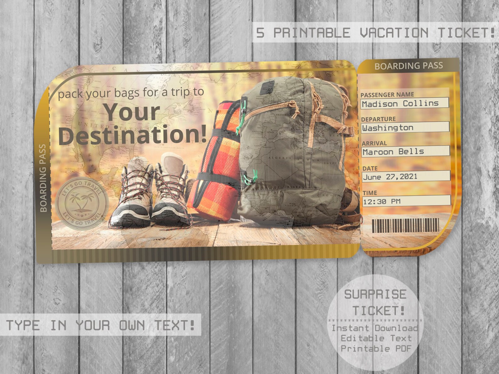 Surprise Trip Tickets Printable Editable Text Boarding Pass | Etsy