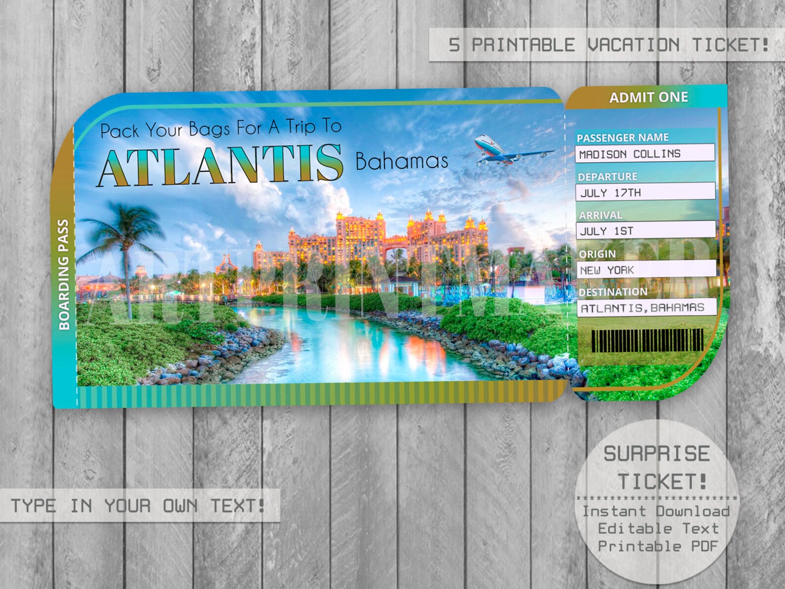 Surprise Atlantis Bahamas Trip Printable Editable Ticket Etsy