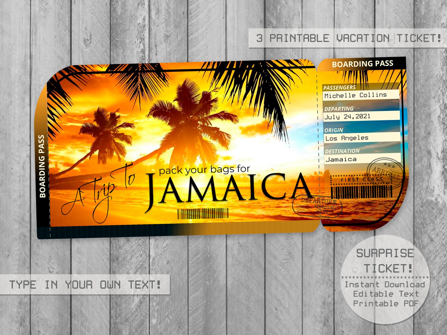 Jamaica Caribbean Printable Vacation Surprise Trip Ticket Etsy