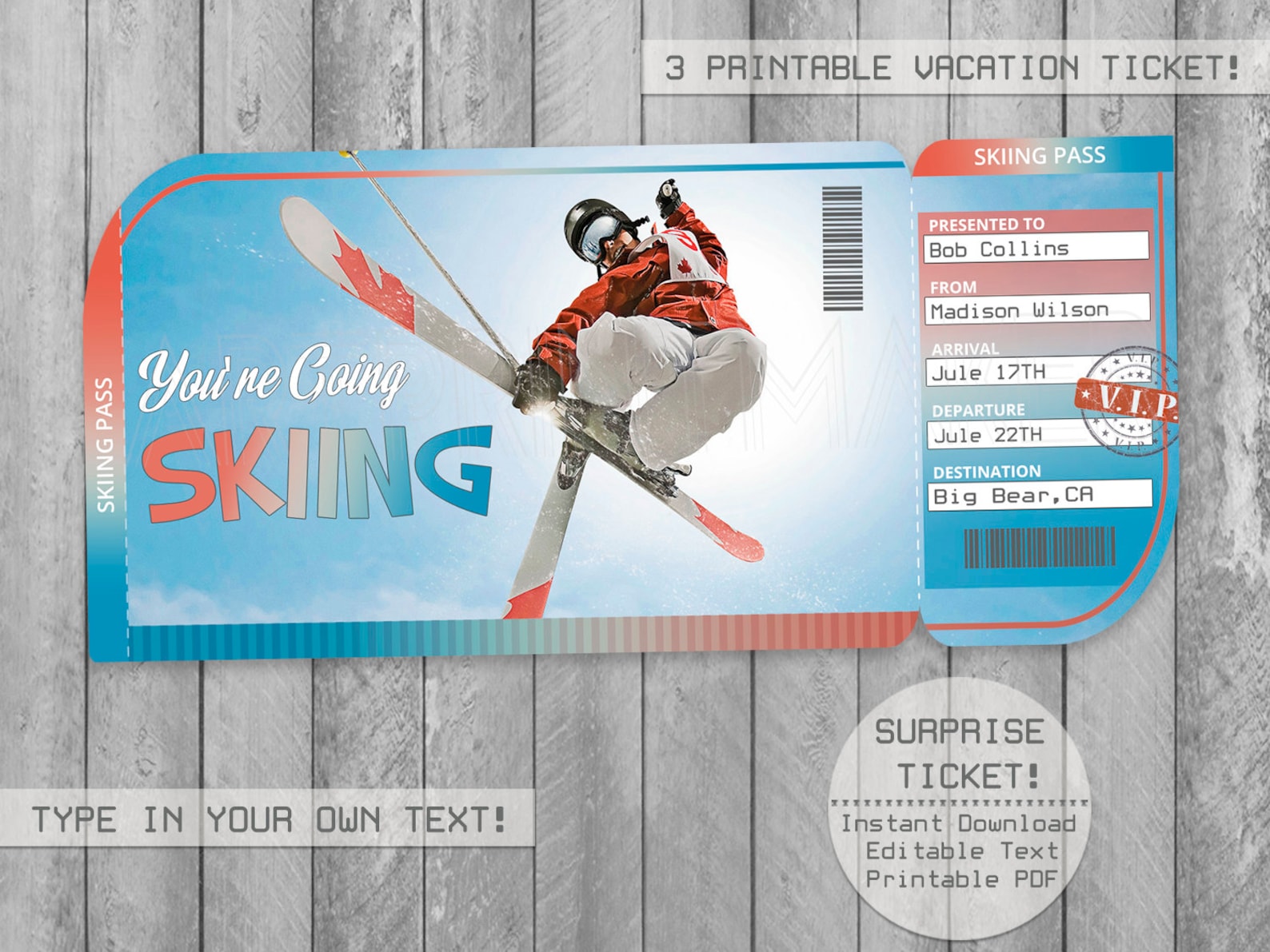 Skiing Surprise Trip Tickets Editable Text Printable PDF | Etsy