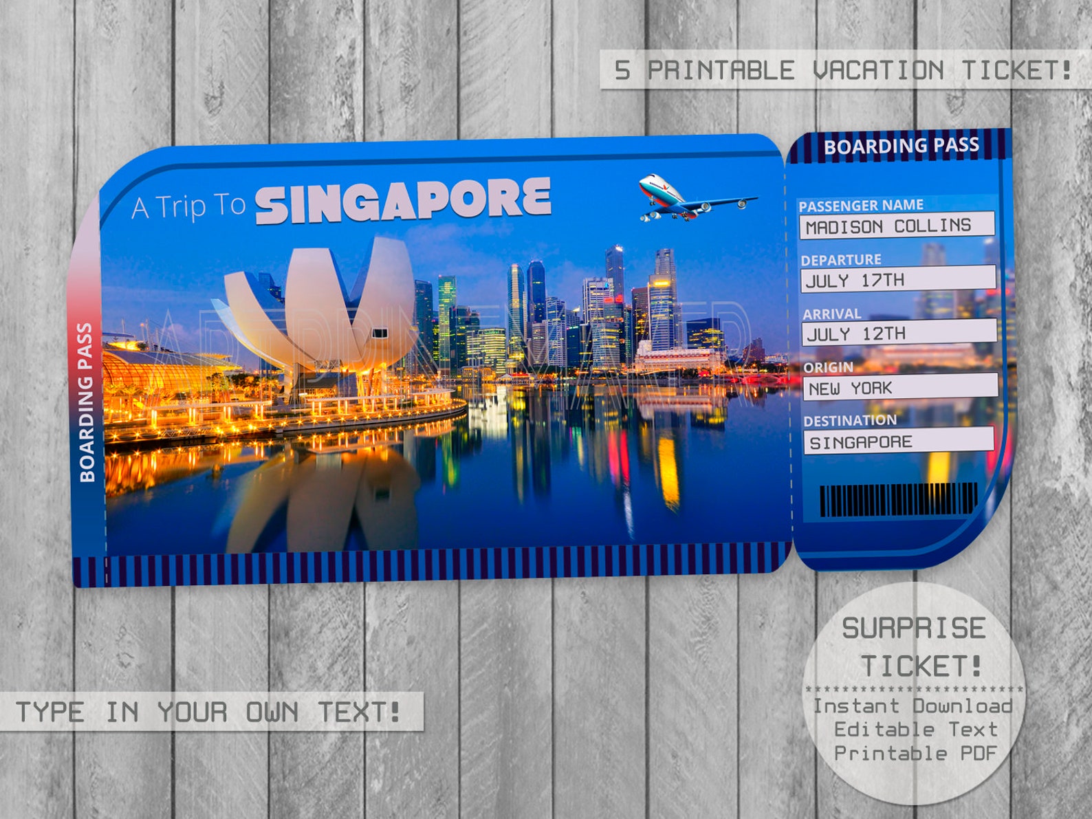 Singapore Trip Ticket Printable Boarding Pass Surprise Etsy