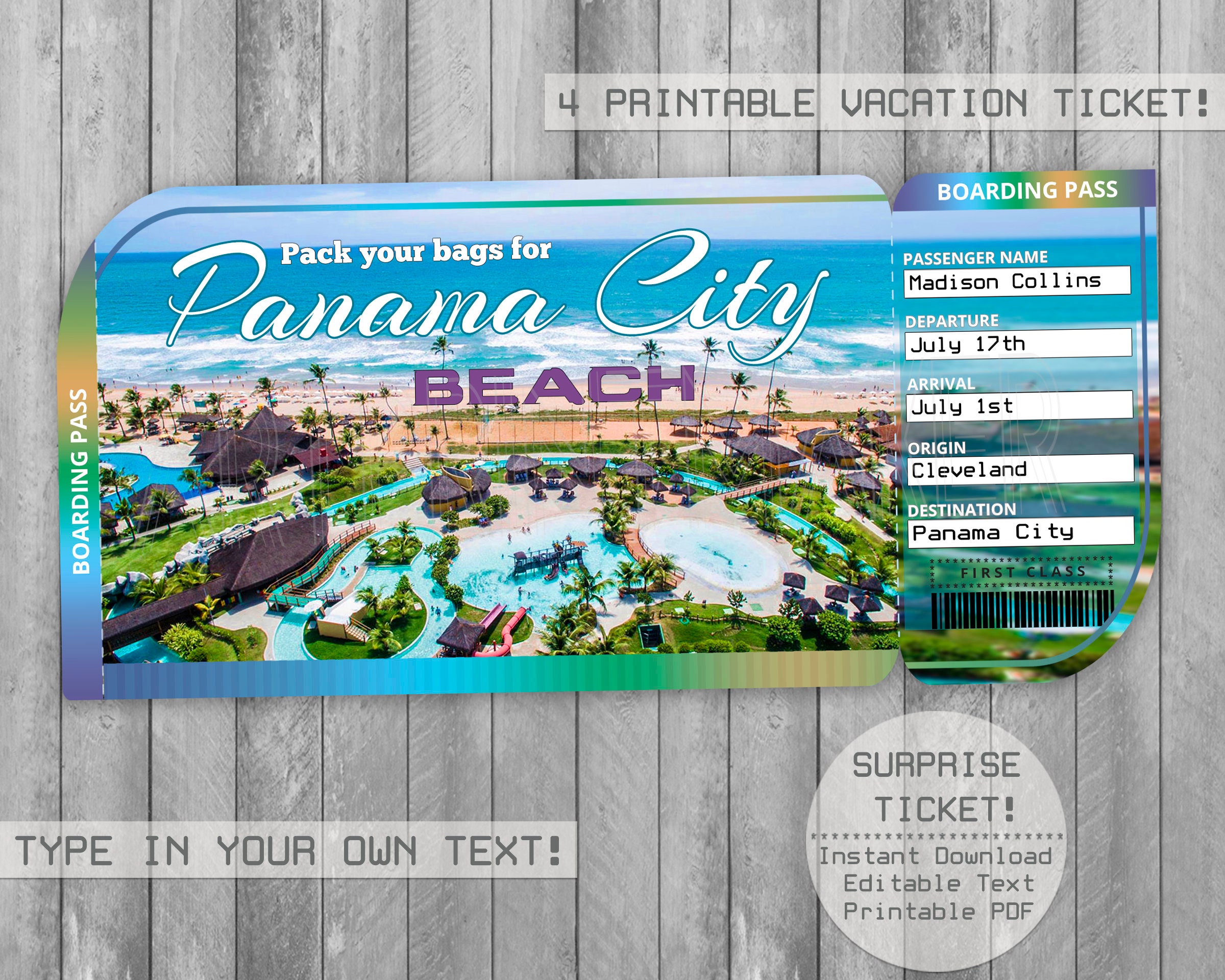Panama City Beach Trip Ticket Printable Boarding Pass Etsy