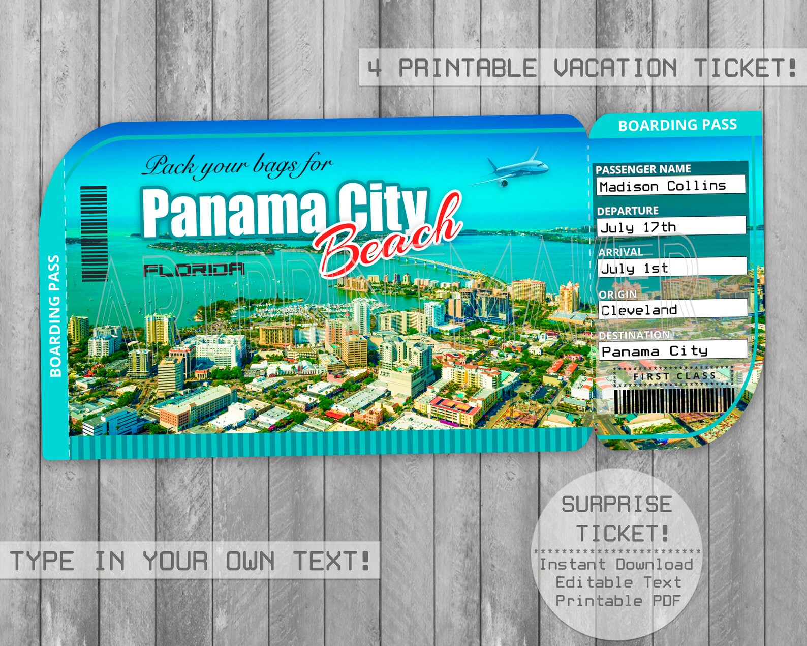 Panama City Beach Trip Ticket Printable Boarding Pass Etsy