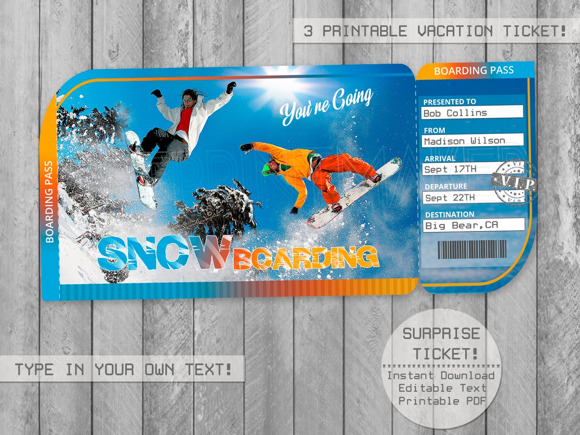 Snowboarding Surprise Trip Tickets Editable Text Printable Etsy