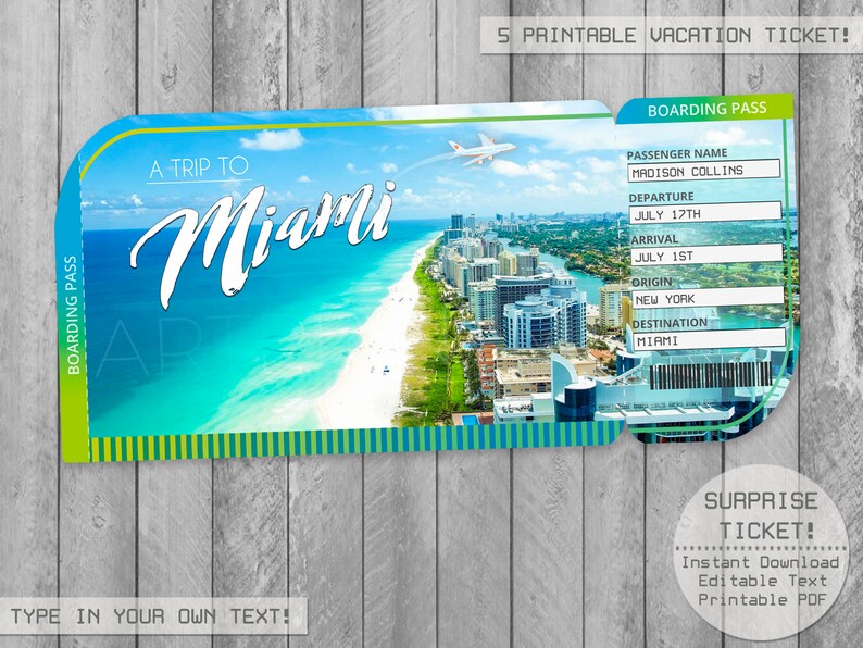 Miami Florida Printable Ticket Boarding Pass Editable File Etsy