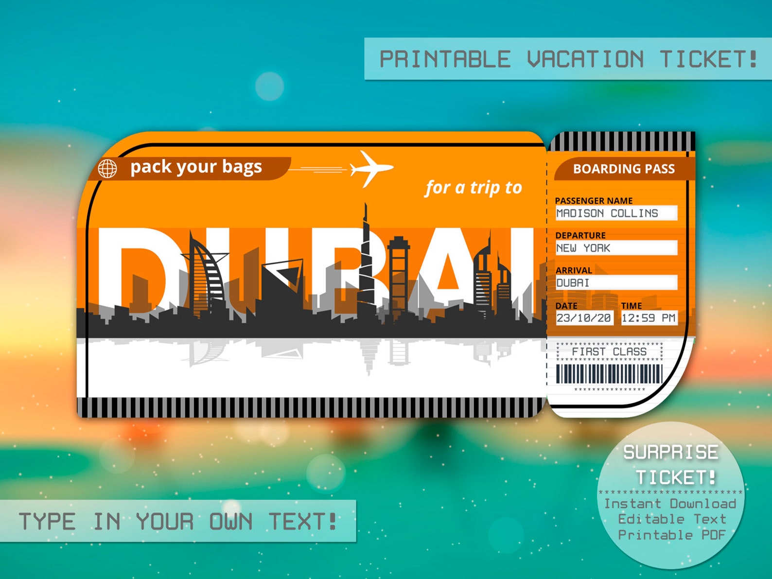Dubai Vacation Surprise Trip Ticket Printable Boarding Pass Etsy