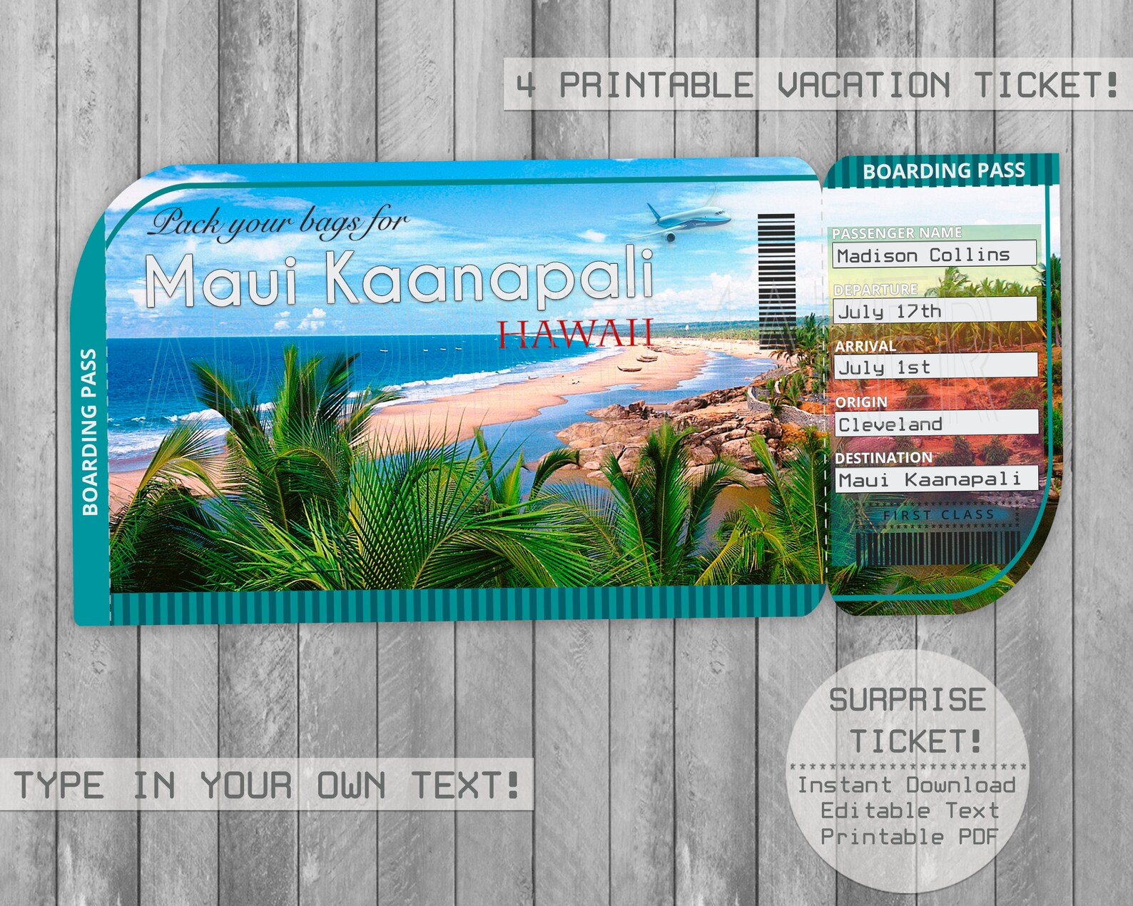 Maui Kaanapali Hawaii Trip Ticket Printable Boarding Pass Etsy