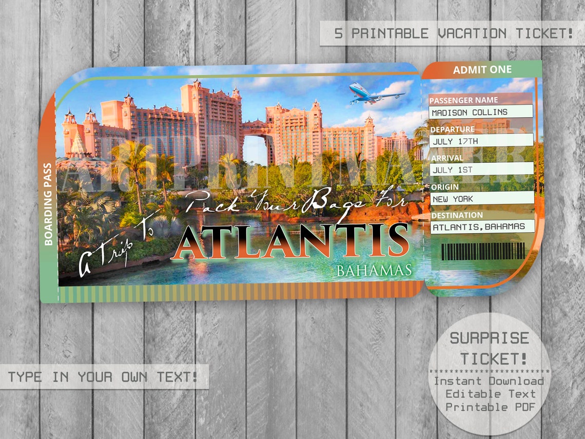 Surprise Atlantis Bahamas Trip Printable Editable Ticket Etsy