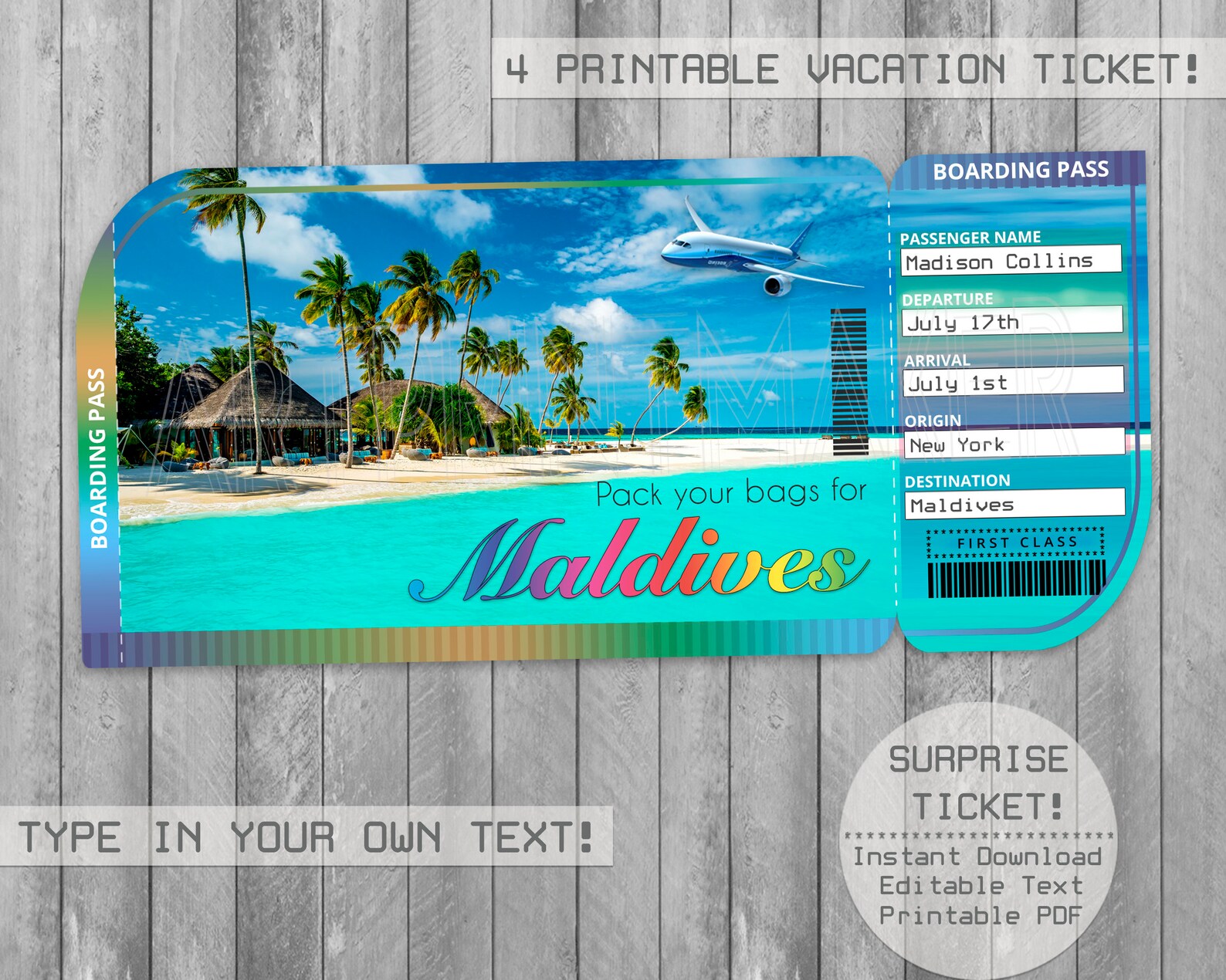 Maldives Islands Printable Ticket Boarding Pass Editable | Etsy