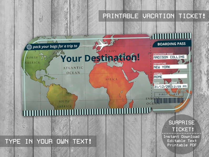 printable vacation surprise trip ticket your destination