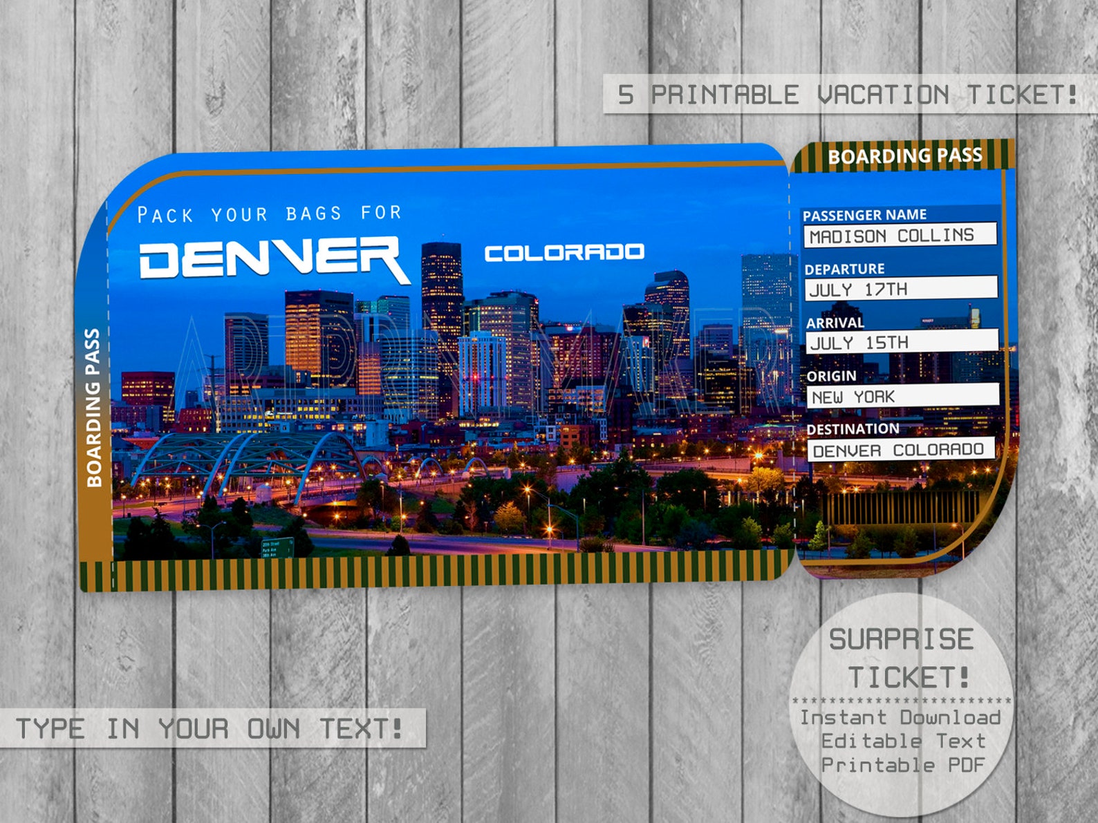 Denver Colorado Trip Ticket Printable Boarding Pass Surprise Etsy