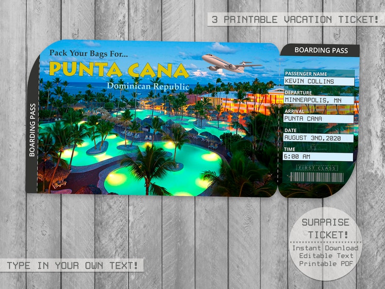 Punta Cana Trip Ticket Printable Boarding Pass Surprise Etsy