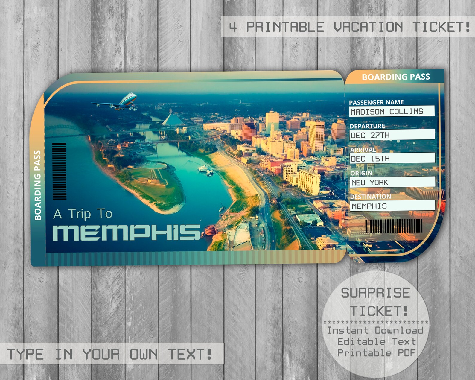 Memphis Tennessee Printable Editable Trip Ticket Boarding Etsy