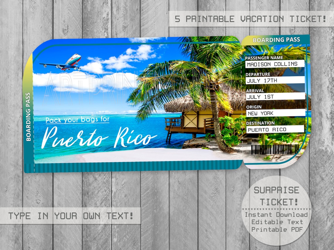 Puerto Rico Trip Ticket Printable Boarding Pass Surprise Etsy