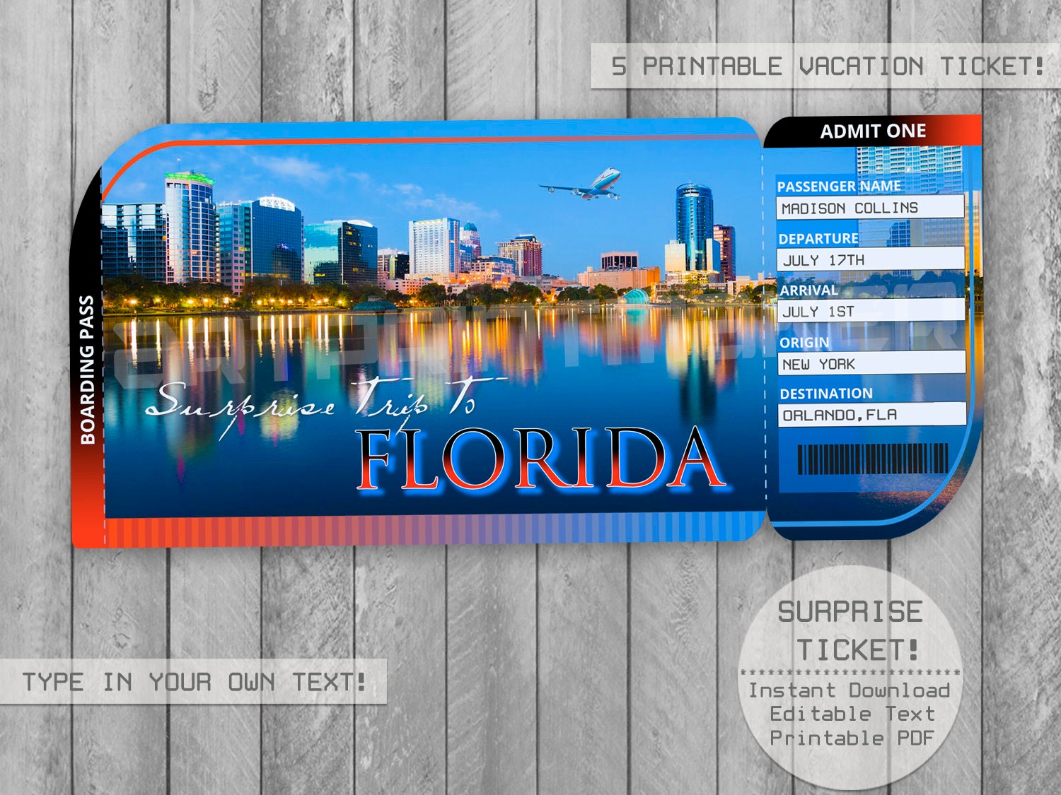 Surprise Trip Florida Printable Ticket Boarding Pass Gift Etsy UK