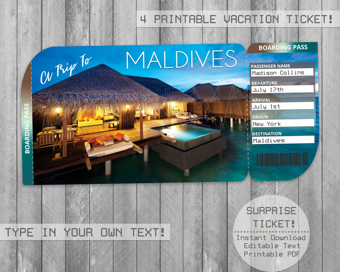 Maldives Islands Printable Ticket Boarding Pass Editable | Etsy
