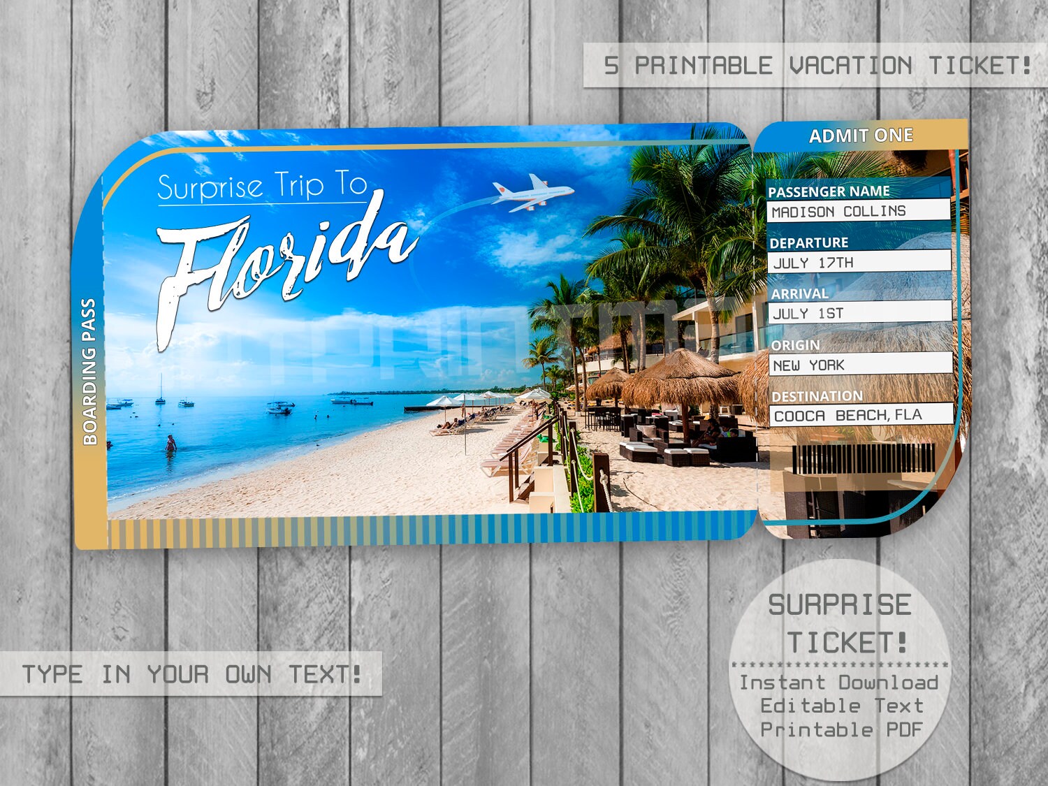 Surprise Trip Florida Printable Ticket Boarding Pass Gift Etsy