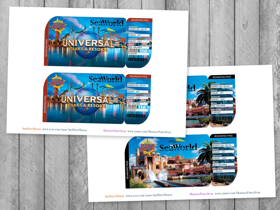 seaworlds universal studios printable trip ticket editable etsy