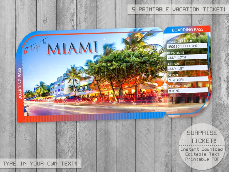 Miami Florida Printable Ticket Boarding Pass Editable File Etsy