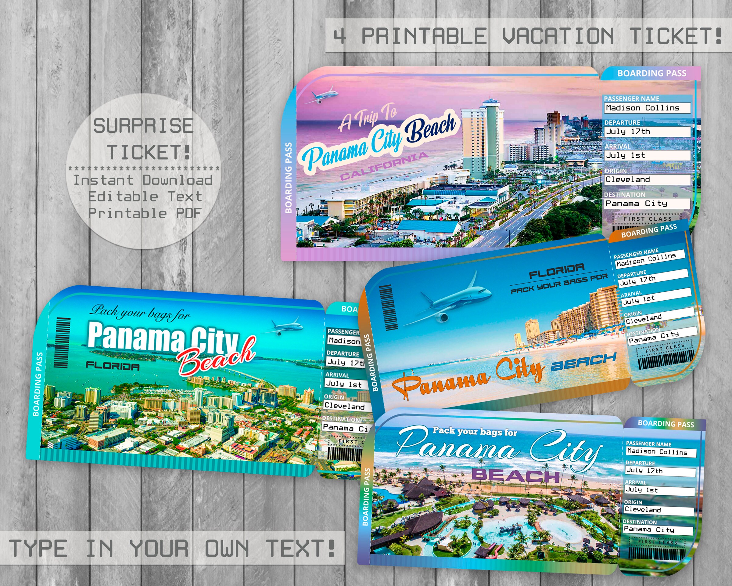 Panama City Beach Trip Ticket Printable Boarding Pass Etsy