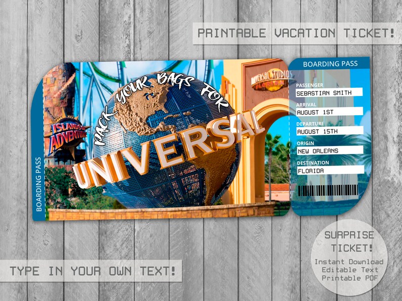 surprise universal studios printable trip ticket editable etsy