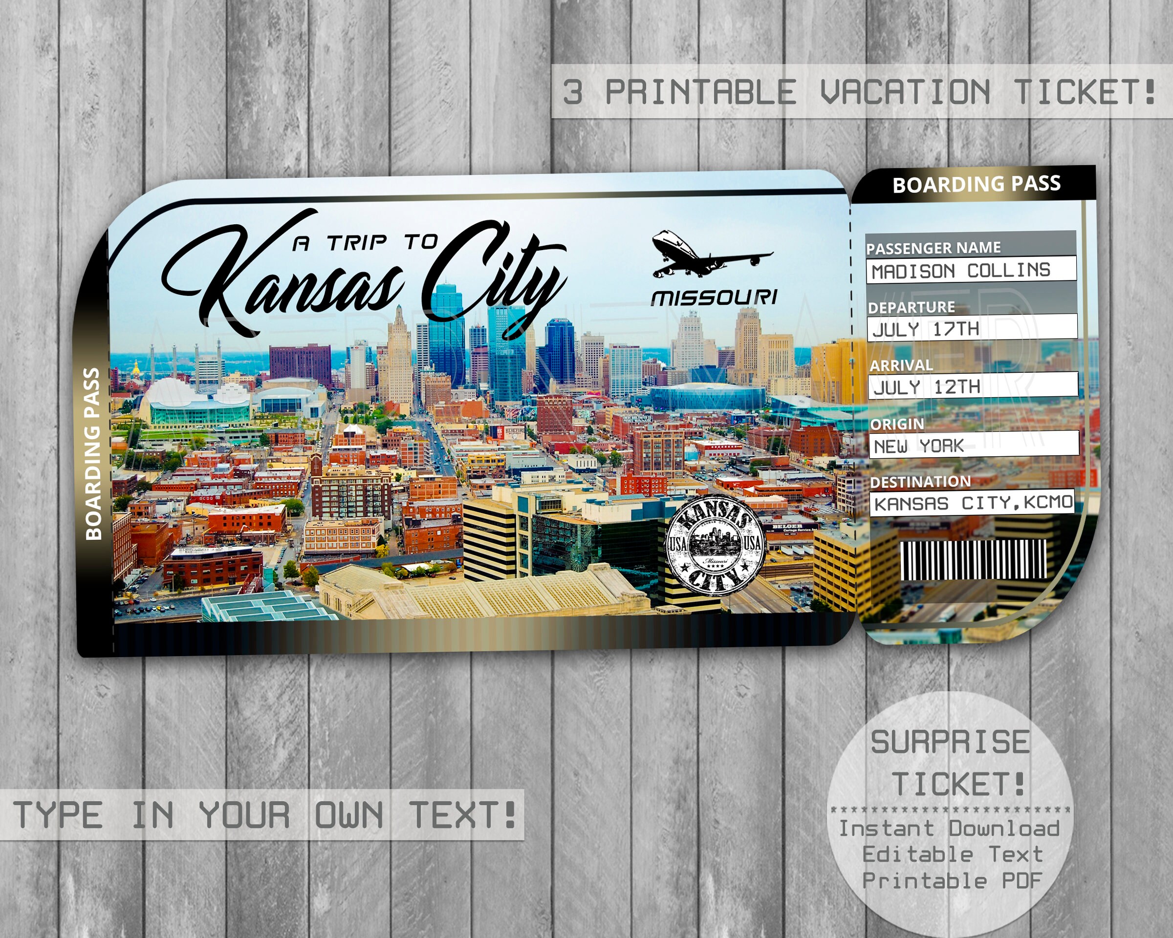 Kansas City Missouri Printable Editable Trip Tickets Boarding Etsy