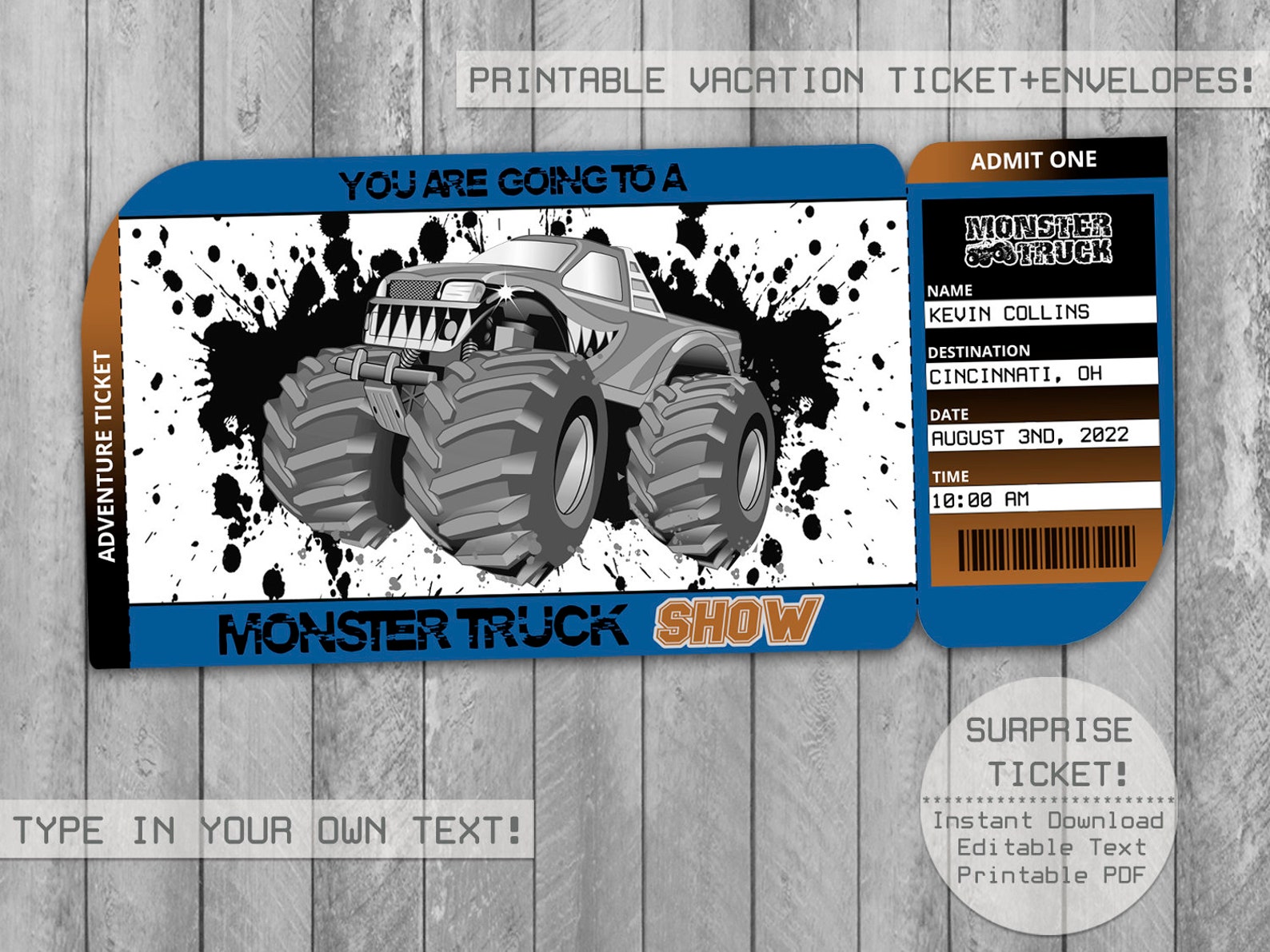 Monster Truck Show Surprise Printable Editable Trip Ticket Etsy