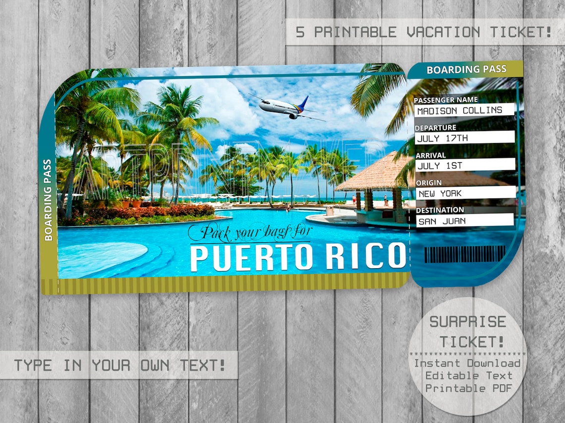 Puerto Rico Trip Ticket Printable Boarding Pass Surprise Etsy
