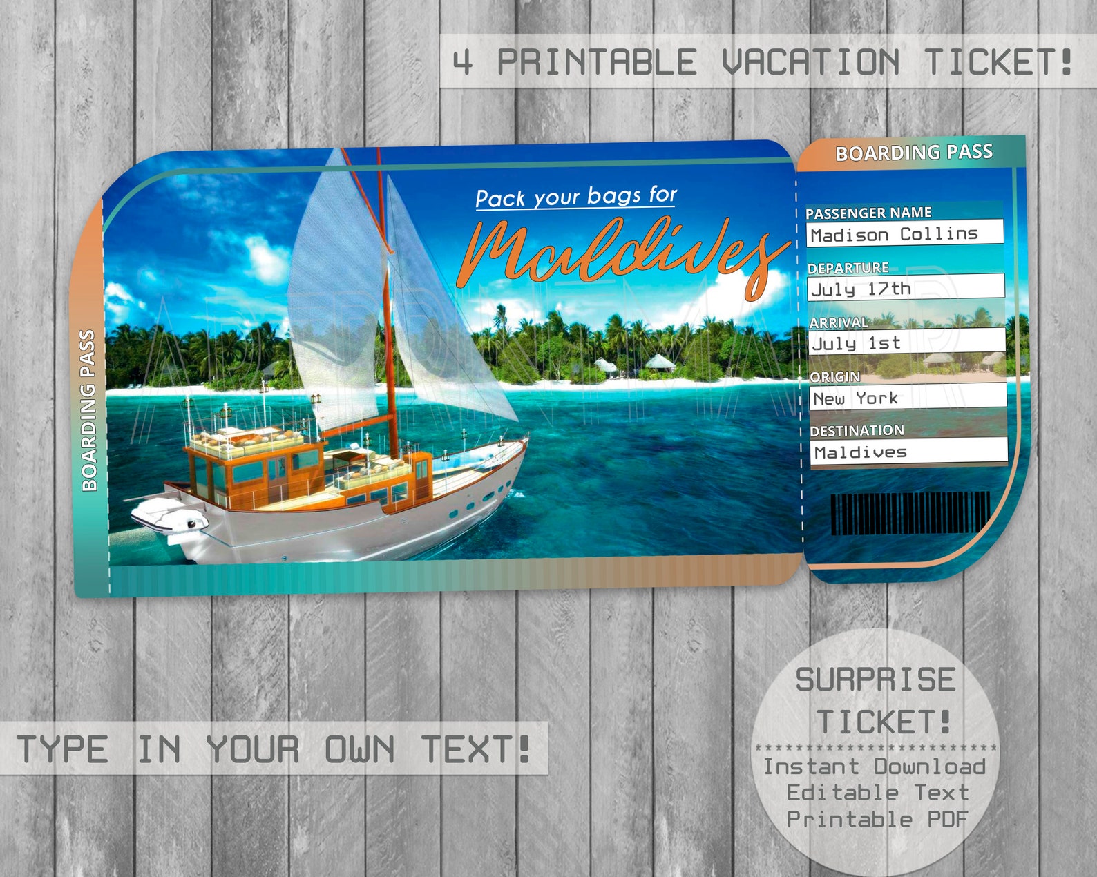 Maldives Islands Printable Ticket Boarding Pass Editable | Etsy