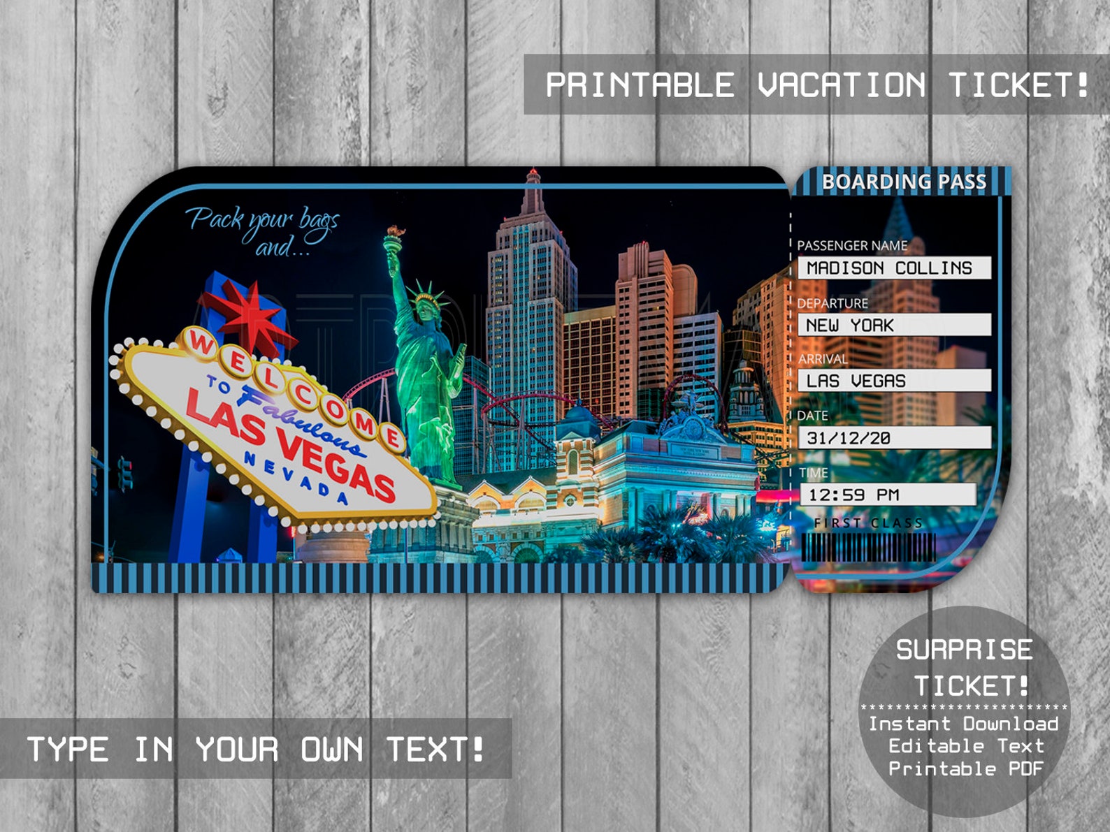 Las Vegas Trip Ticket Printable Boarding Pass Vegas Surprise | Etsy