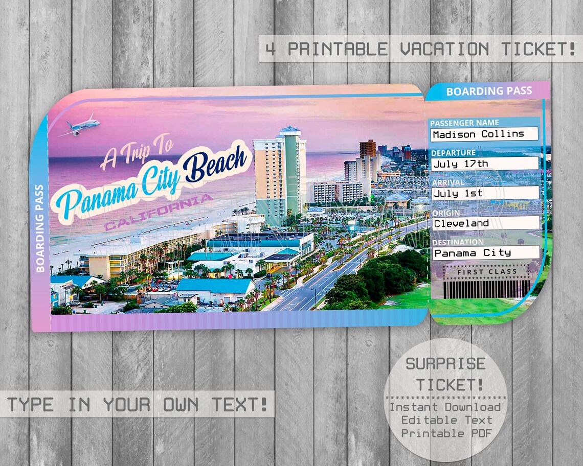 Panama City Beach Trip Ticket Printable Boarding Pass Etsy
