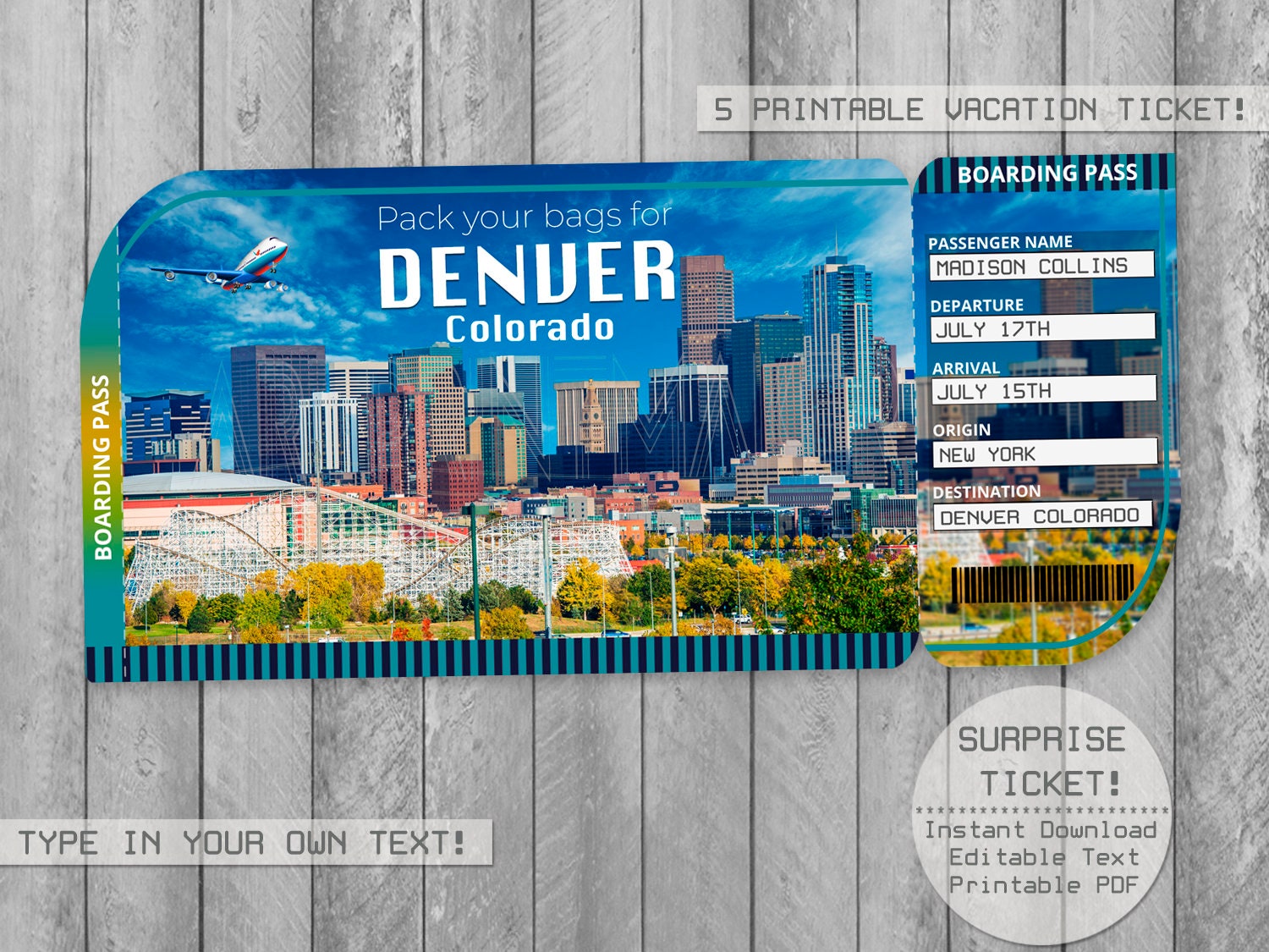 Denver Colorado Trip Ticket Printable Boarding Pass Surprise Etsy