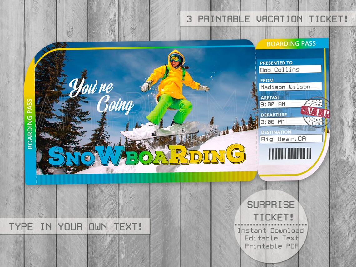 Snowboarding Surprise Trip Tickets Editable Text Printable Etsy