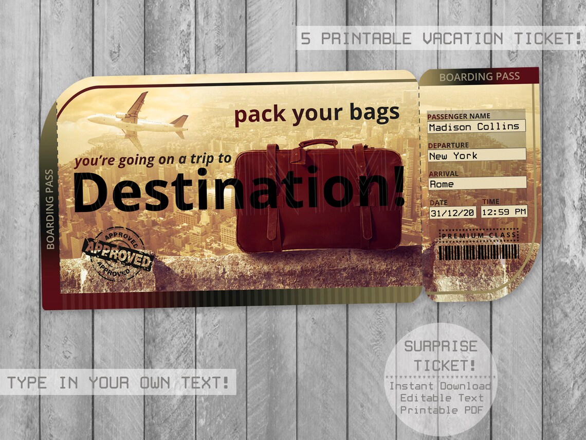 Surprise Trip Tickets Printable Editable Text Boarding Pass Etsy