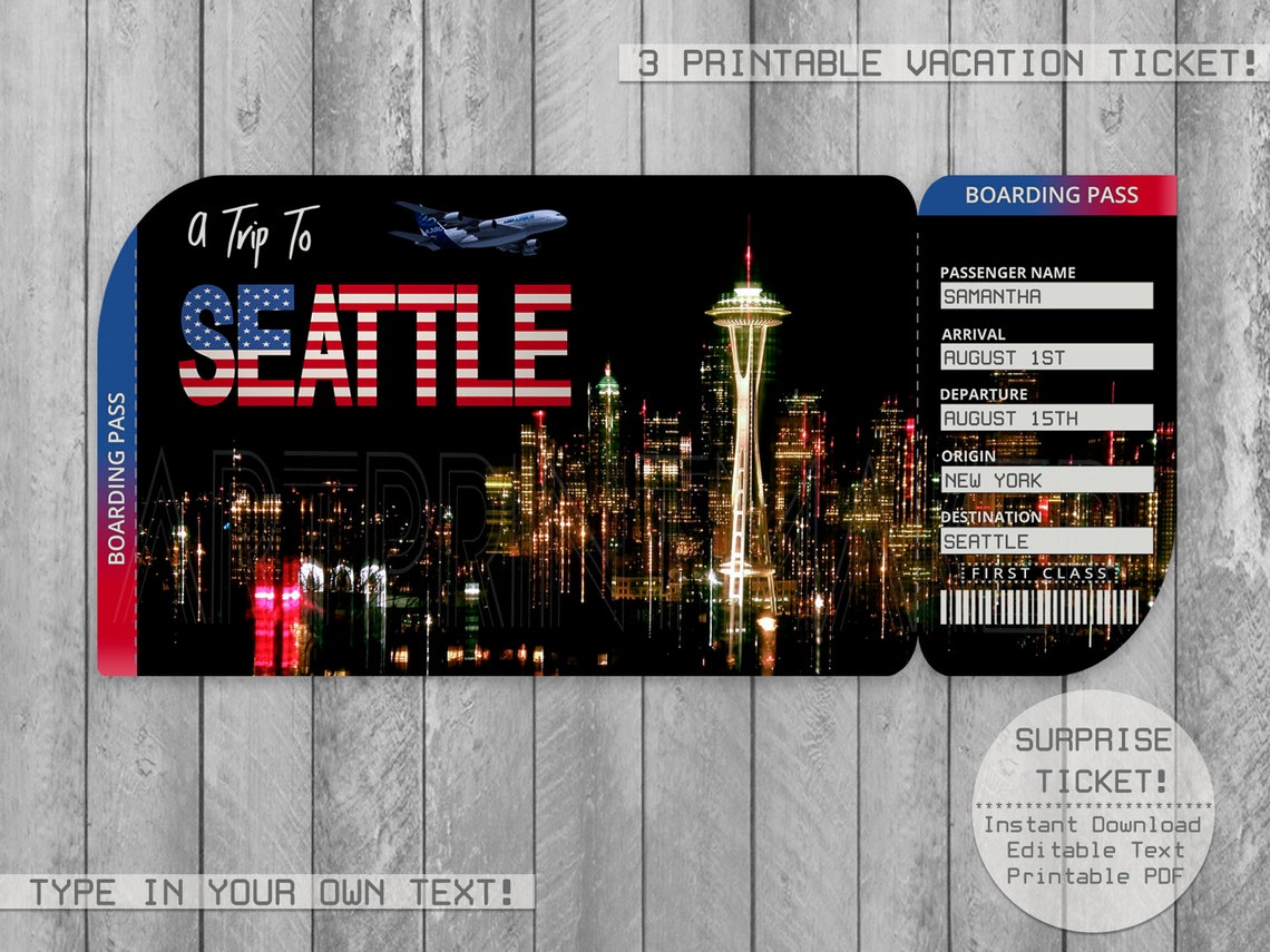 Seattle Trip Ticket Printable Boarding Pass Surprise Etsy