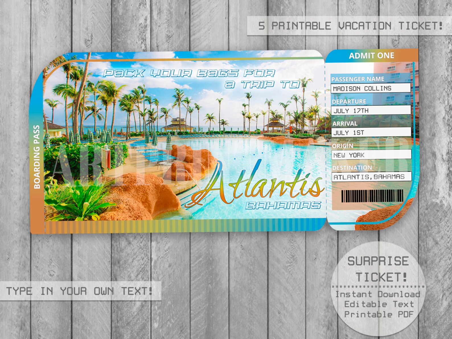 Surprise Atlantis Bahamas Trip Printable Editable Ticket Etsy