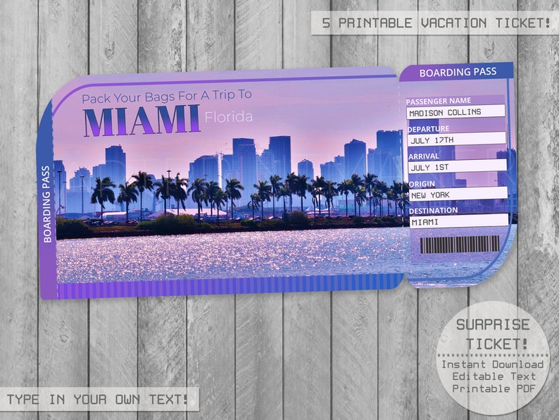 Miami Florida Printable Ticket Boarding Pass Editable File Etsy