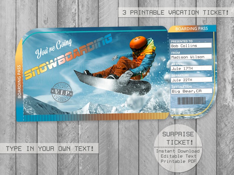 Snowboarding Surprise Trip Tickets Editable Text Printable Etsy