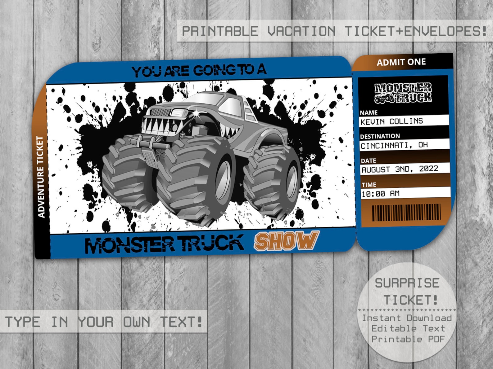 Monster Truck Show Surprise Printable Editable Trip Ticket Etsy