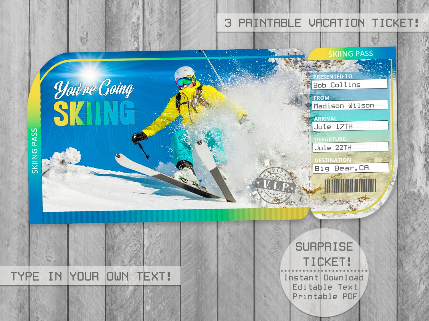 Skiing Surprise Trip Tickets Editable Text Printable PDF | Etsy