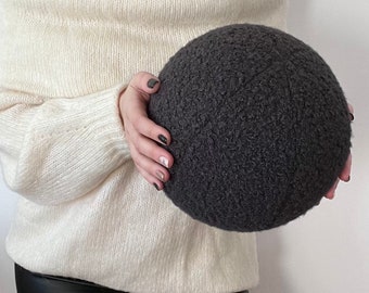 Grey Boucle ball pillow, Decorative ball cushion, Scandinavian round cushion, Graphite grey pillow, Housewarming gift