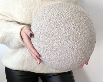 Beige Boucle ball cushion, Decorative round pillow in neutral colors, Housewarming gift