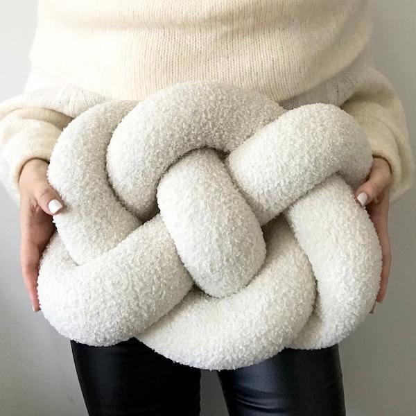 White boucle pillow, Boucle knot pillow in Infinity knot, Scandinavian knot cushion, Cute accent pillow, Original Swedish design