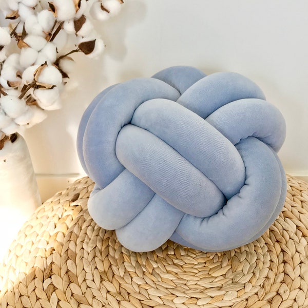 Sky Blue Ball Knot Cushion, Scandinavian Knot pillow “Ember”, Large Reversible Knot Pillow 2in1