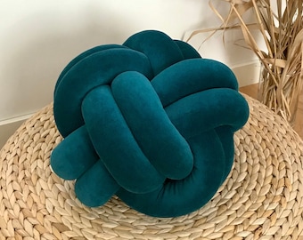 Teal round knot cushion, Scandinavian Knot pillow “Ember”, Large Reversible Knot Pillow 2in1