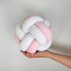 Handmade Knot Pillow – Candy Pink & White Cotton Velour, Nursery Decor